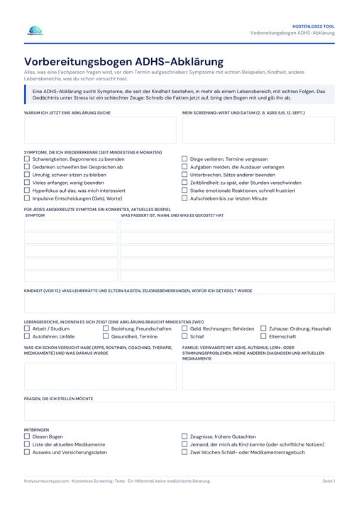 Vorbereitungsbogen ADHS-Abklärung