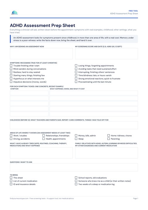 ADHD Assessment Prep Sheet