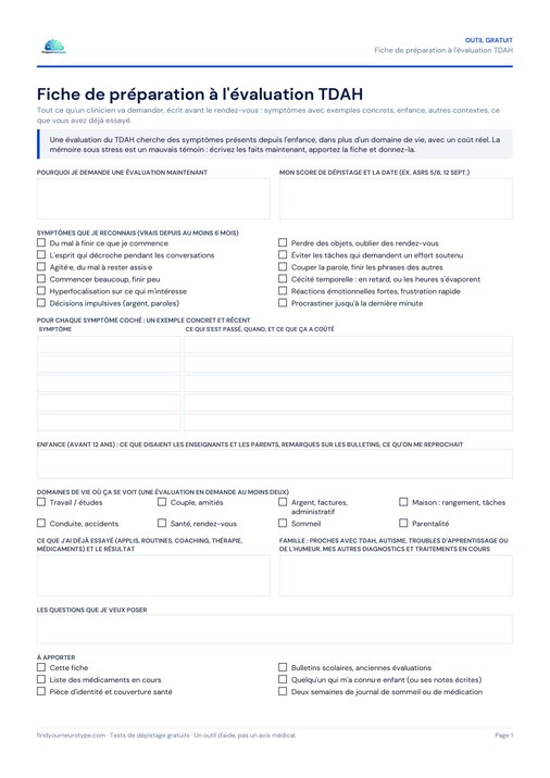 Fiche de préparation à l'évaluation TDAH