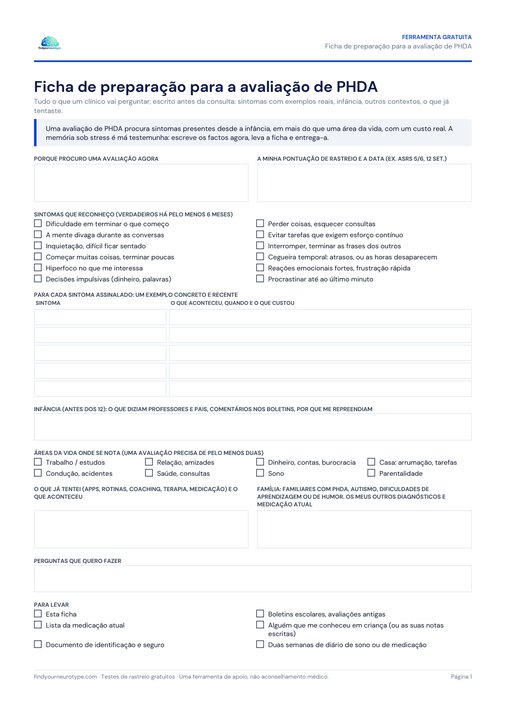 Ficha de preparação para a avaliação de PHDA