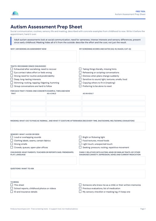 Autism Assessment Prep Sheet