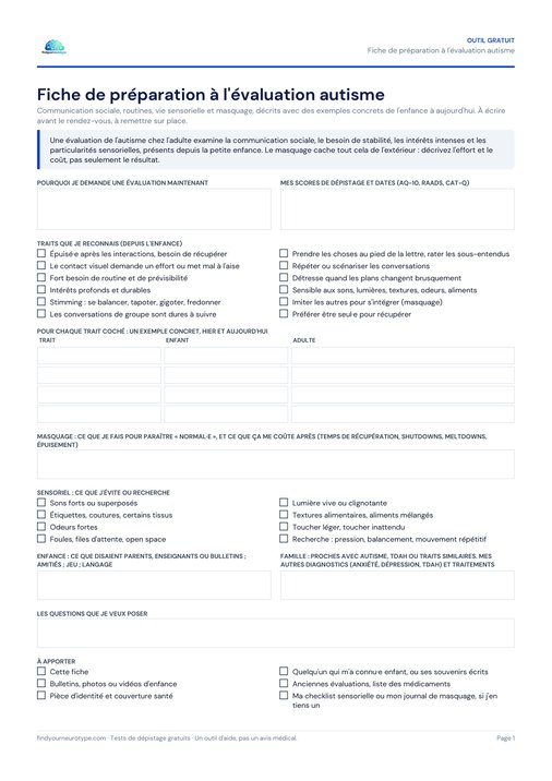 Fiche de préparation à l'évaluation autisme