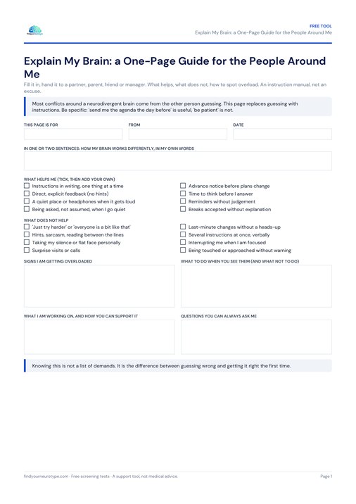 Explain My Brain: a One-Page Guide for the People Around Me