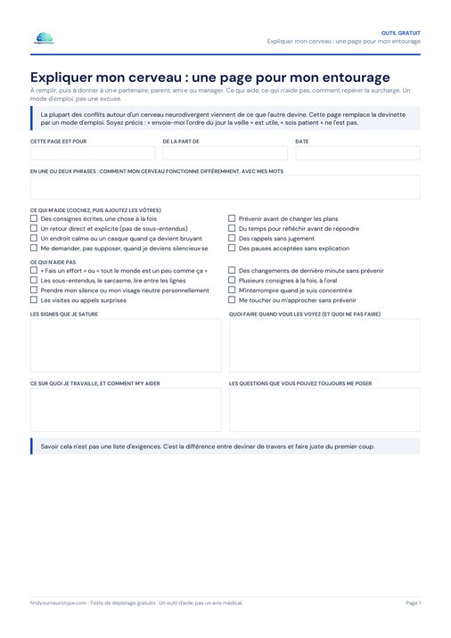 Expliquer mon cerveau : une page pour mon entourage