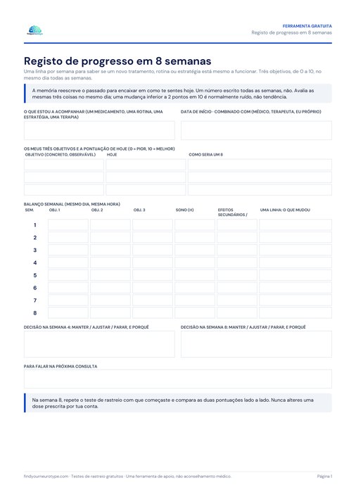 Registo de progresso em 8 semanas